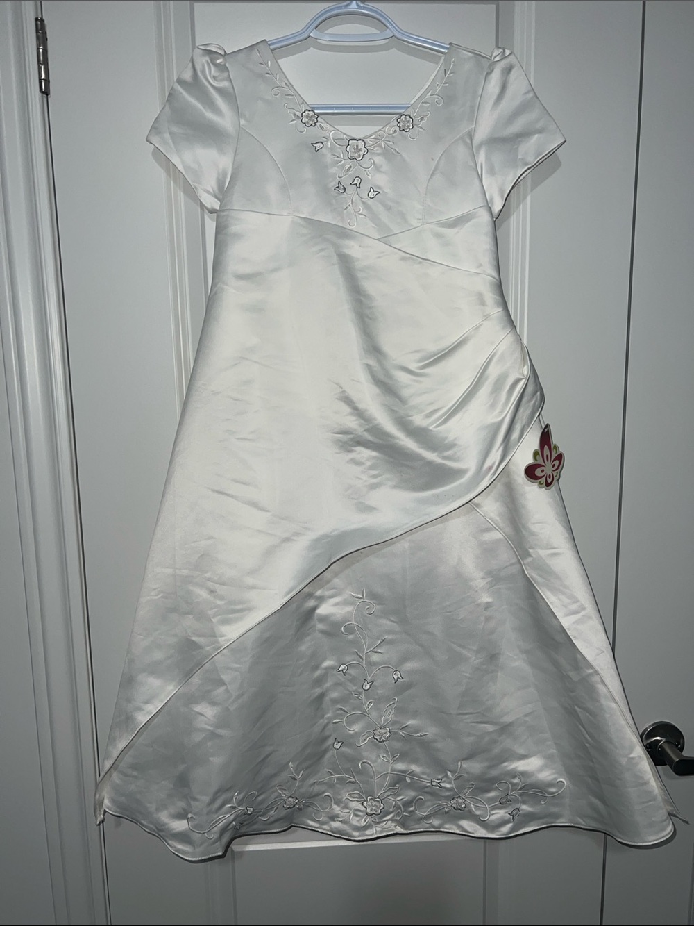 Girls White Satin Formal Dress with Floral Embroidery